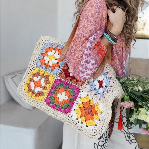 NWT POL Clothing Boho Bohemian Crochet Tile Knit Woven Tote Handbag Bag Purse - Picture 6 of 6
